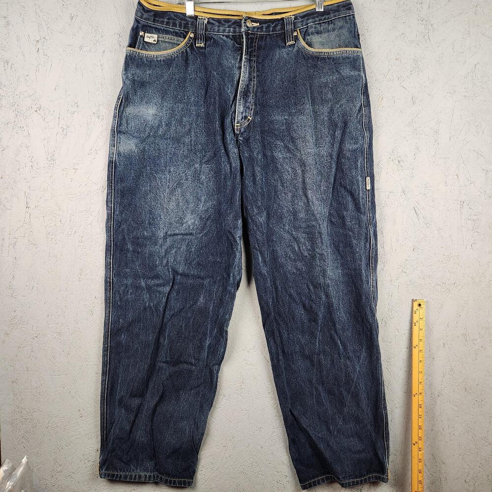 Johnny Blaze Jeans Mens 40 Blue Yellow Leather Trim Baggy Hip Hop Y2K Wide Leg